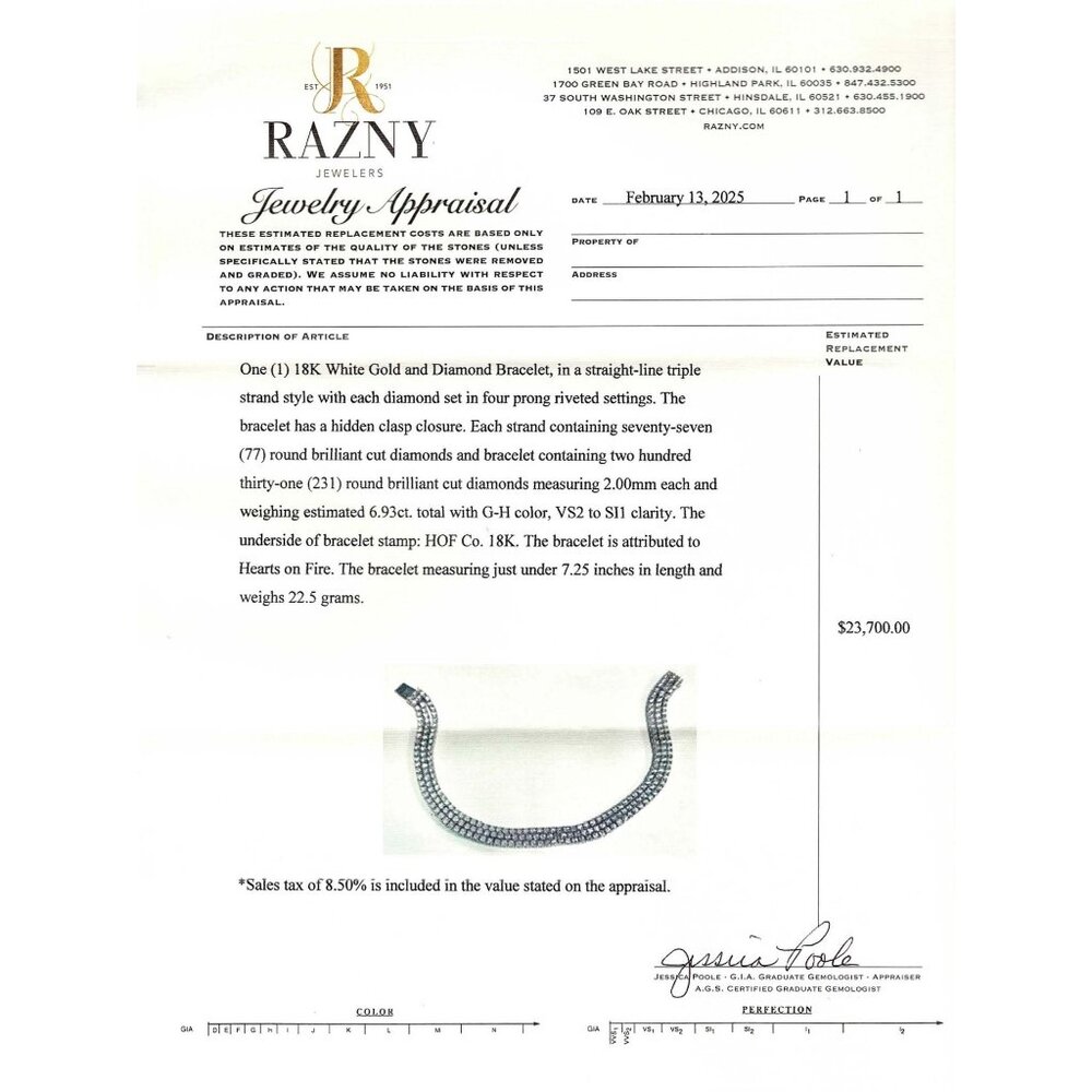 Hearts On Fire 6.93 ctw Natural Diamond Triple Strand Bracelet 18k White Gold - Picture 10 of 10